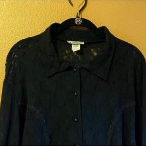Vintage Victorian black lace stretchy button down top with collar